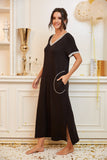 Womens Long Nightgown Short Sleeve Nightshirt V-Neck Soft With Pockets