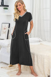 Womens Long Nightgown Short Sleeve Nightshirt V-Neck Soft With Pockets