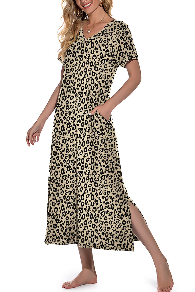 Womens Long Nightgown Short Sleeve Nightshirt V-Neck Soft With Pockets