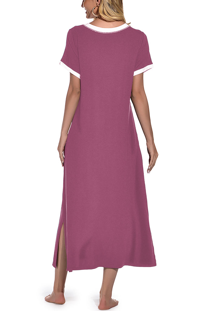 Womens Long Nightgown Short Sleeve Nightshirt V-Neck Soft With Pockets