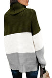 Casual Loose Long Sleeve Turtleneck Chunky Knit Pullover Side Slit Sweater-Color-blocked