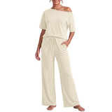 JWD Women's 2 Piece Pajama Set Off-Shoulder Short Sleeve Top And Wide Leg Lounge Pants Soft Cozy Sleepwear Loungewear