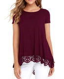 JWD Women's Tops Short Sleeve Lace Trim O-Neck A Line Tunic Blouse Royal