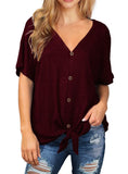 JWD Womens Waffle Knit Tunic Blouse Tie Knot Short Sleeve Henley Tops Loose Fitting Bat Wing Shirts