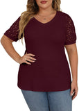 JWD Plus Size Tops For Women Summer Blouse Waffle Knit Short Lace Sleeve Shirts Plus Size Womens Clothes