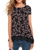 JWD Women's Tops Short Sleeve Lace Trim O-Neck A Line Tunic Blouse Royal