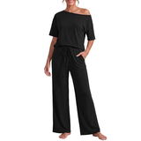 JWD Women's 2 Piece Pajama Set Off-Shoulder Short Sleeve Top And Wide Leg Lounge Pants Soft Cozy Sleepwear Loungewear