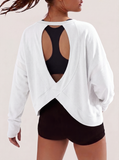 JWD Womens Open Back Long Sleeve Workout Top Loose Fit Crew Neck Thumb Hole Pullover Yoga Shirt