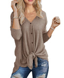 JWD Women's Waffle Knit Tunic Blouse Tie Knot Henley Tops Loose Fitting Bat Wing Plain Shirt