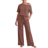 JWD Women's 2 Piece Pajama Set Off-Shoulder Short Sleeve Top And Wide Leg Lounge Pants Soft Cozy Sleepwear Loungewear