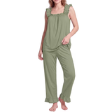 JWD Womens Two Piece Pajama Set Soft Sleeveless Ruffle Strap Cami Top and Long Pants Lightweight Lounge Sleepwear
