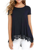 JWD Women's Tops Short Sleeve Lace Trim O-Neck A Line Tunic Blouse Royal