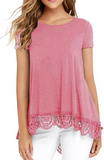 JWD Women's Tops Short Sleeve Lace Trim O-Neck A Line Tunic Blouse Royal