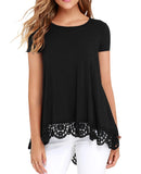 JWD Women's Tops Short Sleeve Lace Trim O-Neck A Line Tunic Blouse Royal