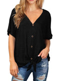 JWD Womens Waffle Knit Tunic Blouse Tie Knot Short Sleeve Henley Tops Loose Fitting Bat Wing Shirts