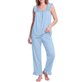 JWD Womens Two Piece Pajama Set Soft Sleeveless Ruffle Strap Cami Top and Long Pants Lightweight Lounge Sleepwear