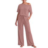 JWD Women's 2 Piece Pajama Set Off-Shoulder Short Sleeve Top And Wide Leg Lounge Pants Soft Cozy Sleepwear Loungewear