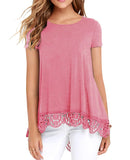 JWD Women's Tops Short Sleeve Lace Trim O-Neck A Line Tunic Blouse Royal