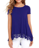 JWD Women's Tops Short Sleeve Lace Trim O-Neck A Line Tunic Blouse Royal