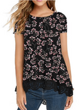 JWD Women's Tops Short Sleeve Lace Trim O-Neck A Line Tunic Blouse Royal