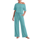 JWD Women's 2 Piece Pajama Set Off-Shoulder Short Sleeve Top And Wide Leg Lounge Pants Soft Cozy Sleepwear Loungewear