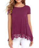 JWD Women's Tops Short Sleeve Lace Trim O-Neck A Line Tunic Blouse Royal
