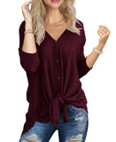 JWD Women's Waffle Knit Tunic Blouse Tie Knot Henley Tops Loose Fitting Bat Wing Plain Shirt