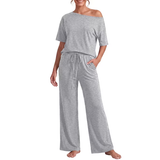 JWD Women's 2 Piece Pajama Set Off-Shoulder Short Sleeve Top And Wide Leg Lounge Pants Soft Cozy Sleepwear Loungewear