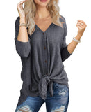 JWD Women's Waffle Knit Tunic Blouse Tie Knot Henley Tops Loose Fitting Bat Wing Plain Shirt