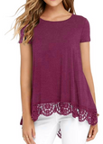 JWD Women's Tops Short Sleeve Lace Trim O-Neck A Line Tunic Blouse Royal