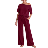 JWD Women's 2 Piece Pajama Set Off-Shoulder Short Sleeve Top And Wide Leg Lounge Pants Soft Cozy Sleepwear Loungewear