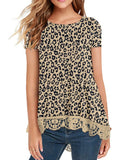 JWD Women's Tops Short Sleeve Lace Trim O-Neck A Line Tunic Blouse Royal