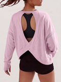 JWD Womens Open Back Long Sleeve Workout Top Loose Fit Crew Neck Thumb Hole Pullover Yoga Shirt
