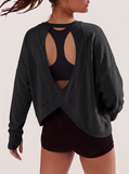 JWD Womens Open Back Long Sleeve Workout Top Loose Fit Crew Neck Thumb Hole Pullover Yoga Shirt