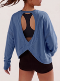 JWD Womens Open Back Long Sleeve Workout Top Loose Fit Crew Neck Thumb Hole Pullover Yoga Shirt