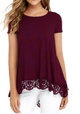 JWD Women's Tops Short Sleeve Lace Trim O-Neck A Line Tunic Blouse Royal