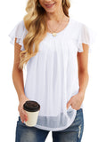 JWD Women's Slim Short Sleeve Shirt Blouse Double Layers Mesh Pleated Shirts Summer Trendy Casual Tops Black-XL