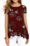 JWD Women's Tops Short Sleeve Lace Trim O-Neck A Line Tunic Blouse Royal