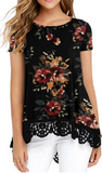 JWD Women's Tops Short Sleeve Lace Trim O-Neck A Line Tunic Blouse Royal