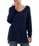 JWD Women's V-Neck Long Sleeve Side Split Loose Casual Knit Pullover Sweater Blouse