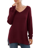 JWD Women's V-Neck Long Sleeve Side Split Loose Casual Knit Pullover Sweater Blouse