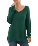 JWD Women's V-Neck Long Sleeve Side Split Loose Casual Knit Pullover Sweater Blouse