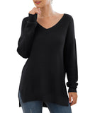 JWD Women's V-Neck Long Sleeve Side Split Loose Casual Knit Pullover Sweater Blouse