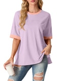 Women's Top Short Sleeved T-Shirt Round Neck Casual Blouses Patchwork Split Hem Tee Top