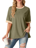 Women's Top Short Sleeved T-Shirt Round Neck Casual Blouses Patchwork Split Hem Tee Top