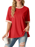 Women's Top Short Sleeved T-Shirt Round Neck Casual Blouses Patchwork Split Hem Tee Top