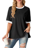 Women's Top Short Sleeved T-Shirt Round Neck Casual Blouses Patchwork Split Hem Tee Top