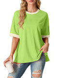 Women's Top Short Sleeved T-Shirt Round Neck Casual Blouses Patchwork Split Hem Tee Top