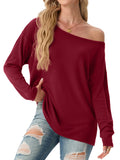 JWD Womens Off Shoulder Tops Long Sleeve Casual Loose Fit Pullover Shirts Relaxed Fit Blouse
