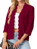 JWD Womens Cardigan 3/4 Sleeve Open Front Knit Sweater Ruffle Trim Lightweight Layering Top Casual Elegant Outerwear